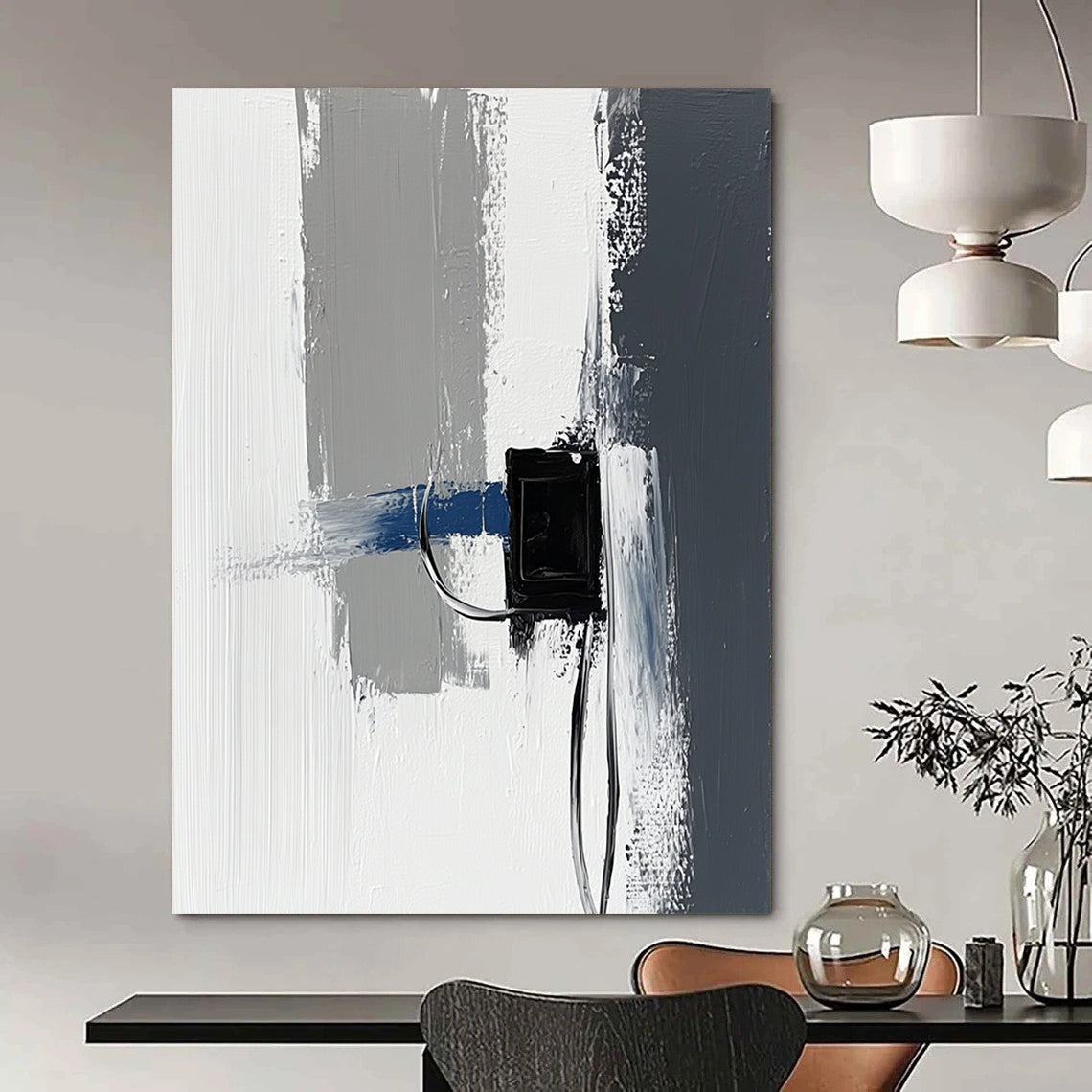 Contemporary abstract painting featuring impasto technique with thick gray and white strokes accented by blue details against a minimalist black power strip backdrop. DLZ1348