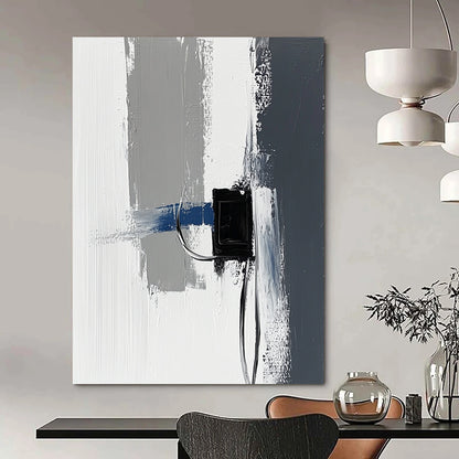 Contemporary abstract painting featuring impasto technique with thick gray and white strokes accented by blue details against a minimalist black power strip backdrop. DLZ1348