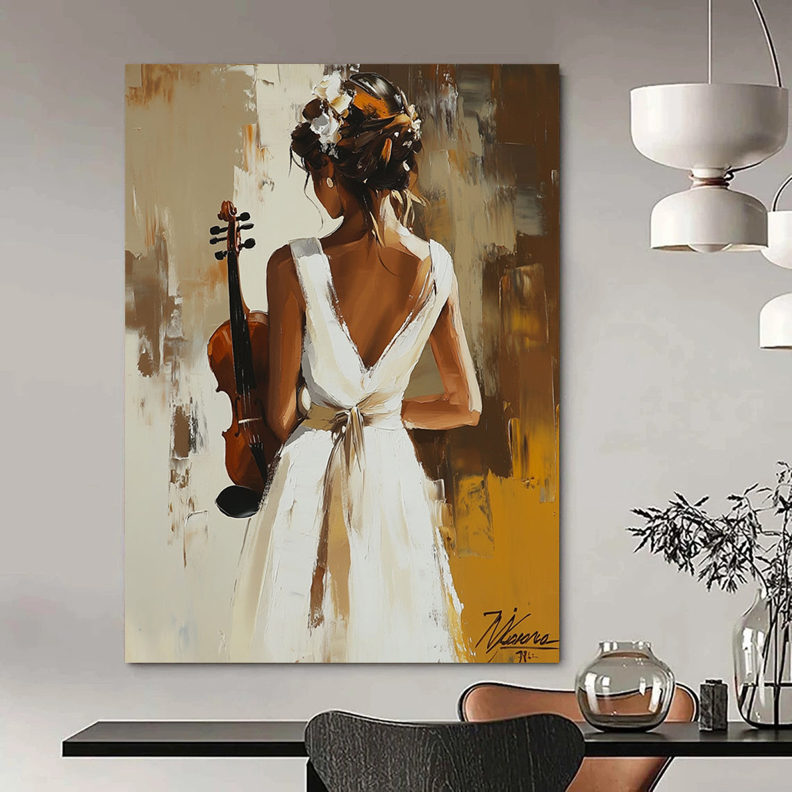 Contemporary abstract painting featuring a woman in a white dress holding a violin, inspired by the elegance of Peter Wileman. DLZ1129