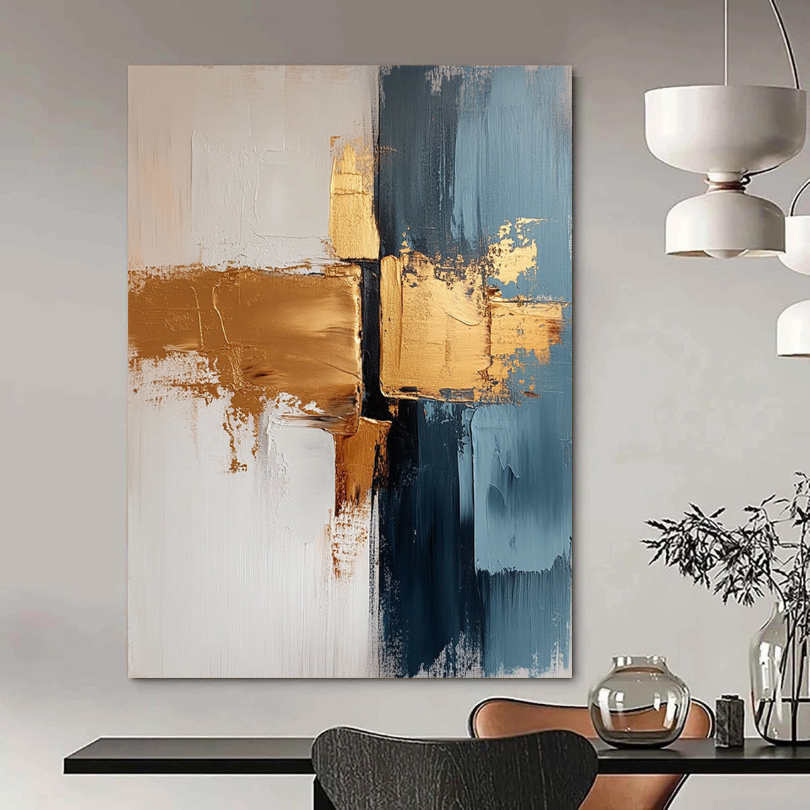 Contemporary abstract painting features a white background with gold and gray brush strokes delivering tranquility and elegance suitable for living room or bedroom decor. DLZ0689