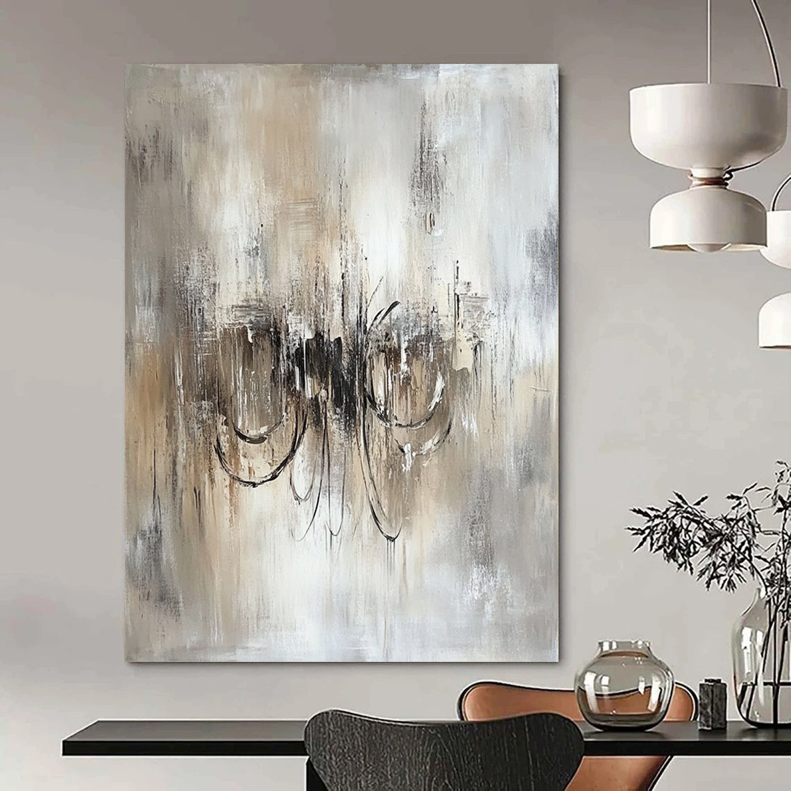 Contemporary hand-painted abstract art featuring an ethereal chandelier in soothing beige and grey tones on textured white canvas. DLZ0456