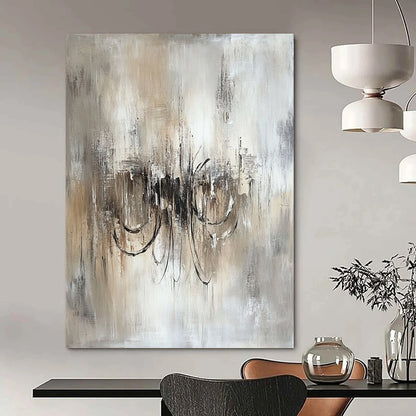 Contemporary hand-painted abstract art featuring an ethereal chandelier in soothing beige and grey tones on textured white canvas. DLZ0456