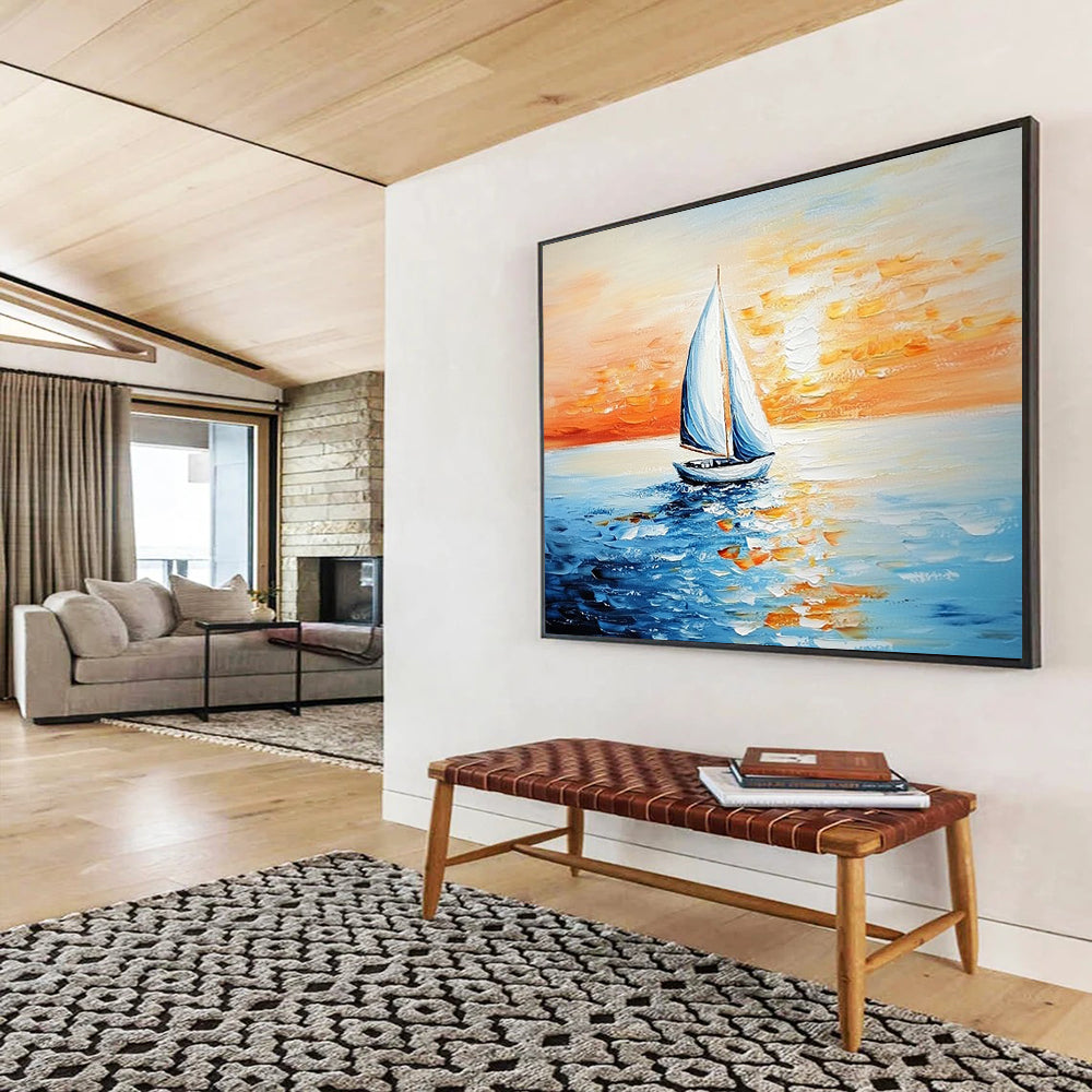 “Single Sailboat at Sunset” - Oranges, Reds, Blues, Solitary Sailboat on the Sea - Impasto Oil Painting HB1737