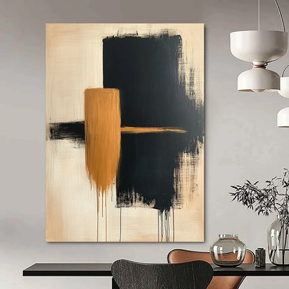Contemporary hand-painted abstract artwork featuring simple beige and black shapes on canvas with a textured finish. DLZ0533