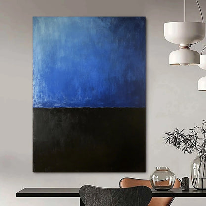 Contemporary hand-painted abstract artwork featuring dark navy and soft gradient sky-blue evokes mystery solitude and introspection. DLZ1592
