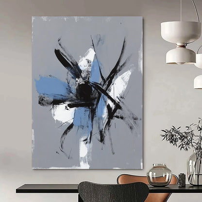 Contemporary hand-painted abstract art featuring expressive brush strokes and chaotic figures on a gray background with light blue accents. DLZ0305