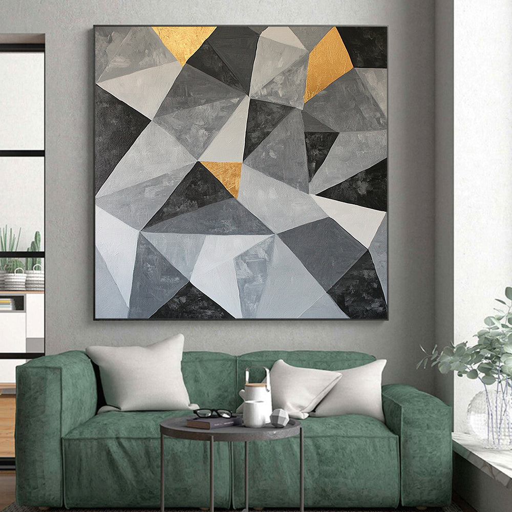 Gray, Black, White and Gold Geometric Triangles "Subtle Symmetry" Painting On Canvas HB364