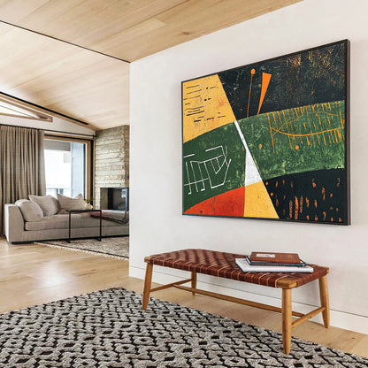 “Geometric Landscape Abstract” - Green, Yellow, Orange, Black, White, Geometric Fields, Symbols - Painting On Canvas HB1445