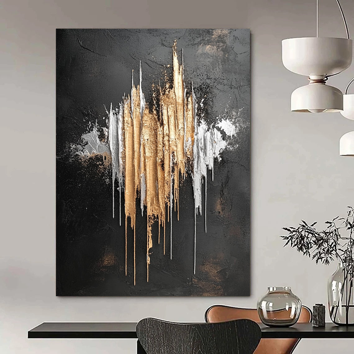 Contemporary hand-painted abstract artwork featuring silver and gold metallic drips on a striking black background inspired by Jackson Pollock. DLZ0802