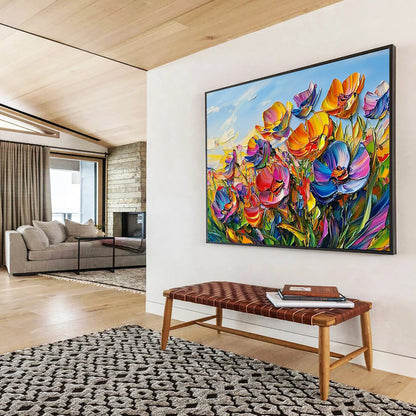 “Vibrant Colorful Flower Field” - Pink, Purple, Orange, Yellow, Textured Flower Field - Impasto Acrylic Painting HB1640