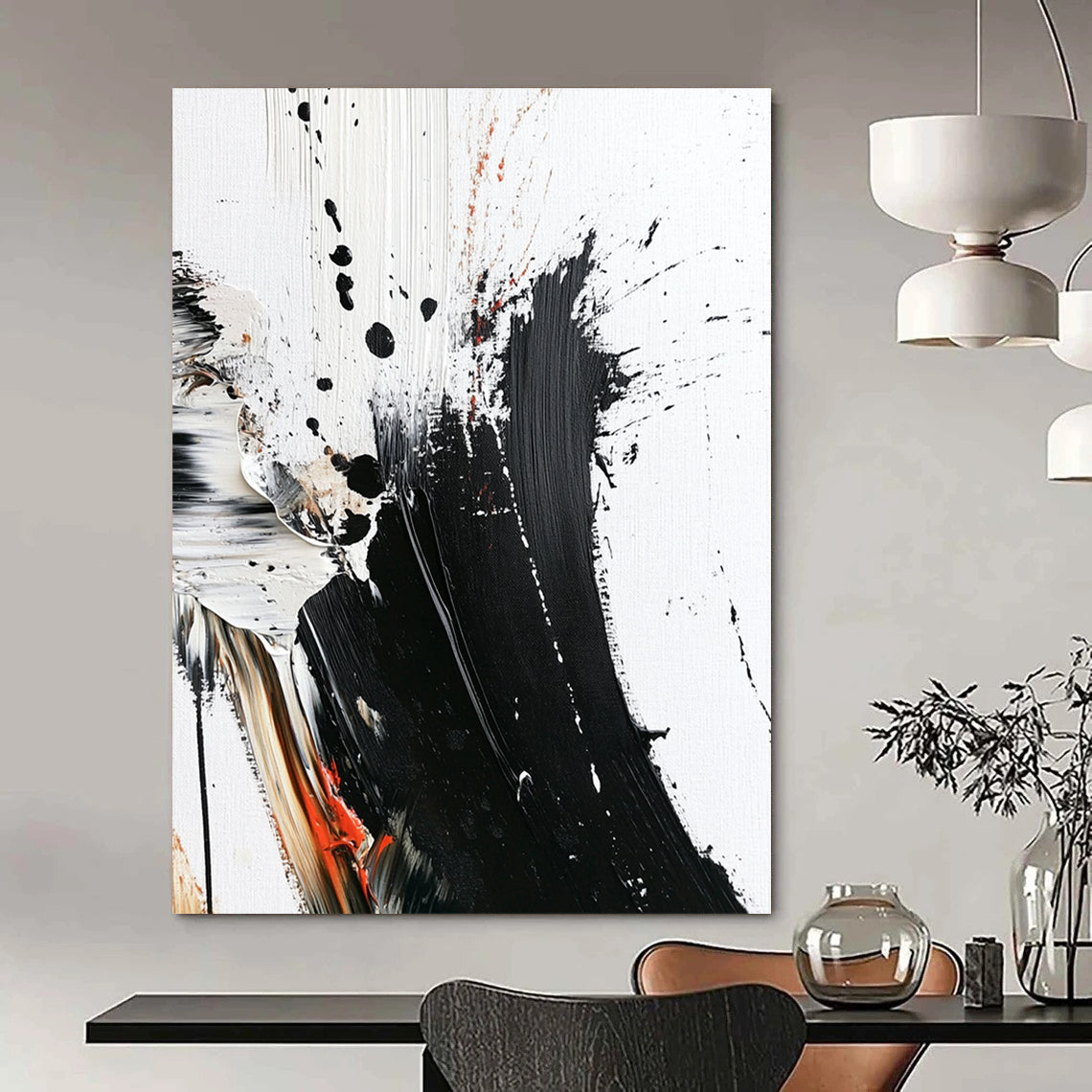 Contemporary abstract painting with bold brush strokes thick texture and striking color splashes on white canvas minimalistic design high contrast art piece. DLZ0312
