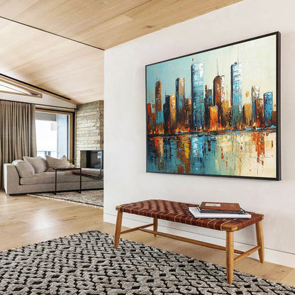 “Cityscape Reflections” - Blues, Browns, Oranges, Urban Skyline - Impressionist Oil Painting HB1591