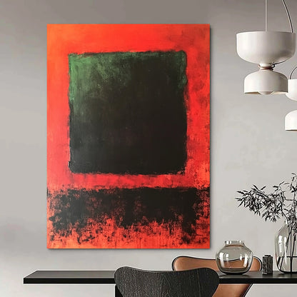 Contemporary hand-painted abstract artwork featuring a central dark green and black square against a blended vibrant red background. DLZ1449