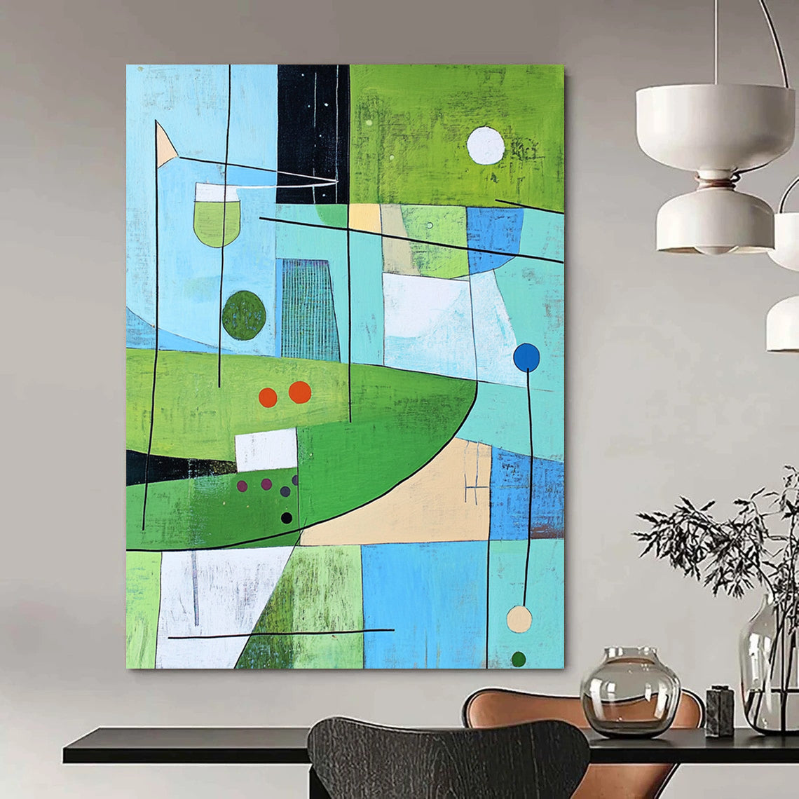 Contemporary abstract painting inspired by golf greens featuring dynamic lines and shapes with subtle color accents. DLZ0596