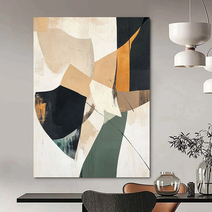 Large contemporary abstract painting featuring beige black and green shapes on a white background with minimalistic collage-like elements and soft atmospheric effects. DLZ1039