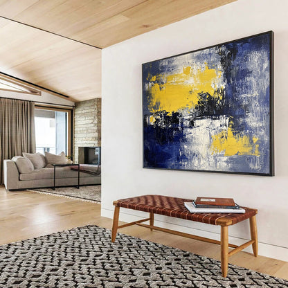 “Blue, Yellow, and White Abstract Landscape” - Blue, yellow, white, black; Abstract landscape with color blocks; Acrylic Painting On Canvas HB1222