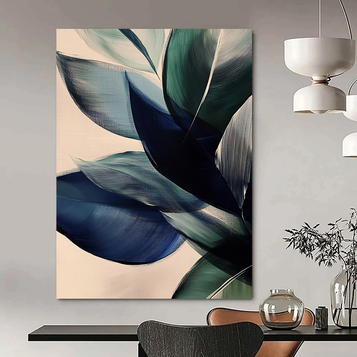 Large contemporary abstract painting featuring vibrant leaves in dark blue and green tones on a beige background with soft edges and layered forms. DLZ0625