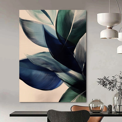 Large contemporary abstract painting featuring vibrant leaves in dark blue and green tones on a beige background with soft edges and layered forms. DLZ0625