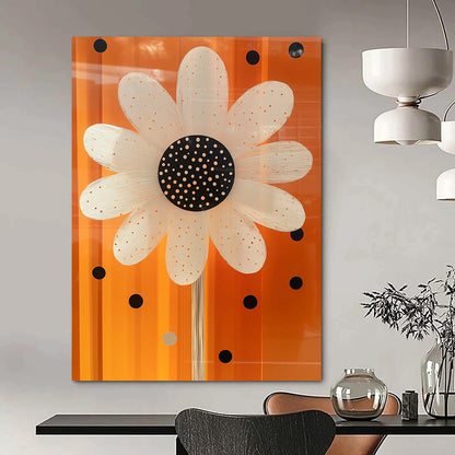 Contemporary abstract art features a white daisy with black dots and a shiny glass-like center on an orange background with polka dot accents. DLZ1512