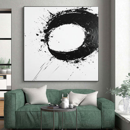 Black Splattered Circular Ink - “Expressive Enso Mark” Painting On Canvas HB232