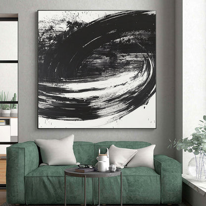 Black, White, Swirling Strokes "Monochrome Vortex" Abstract Modernist Painting On Canvas HB093