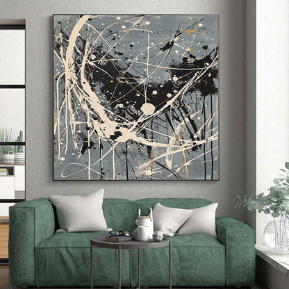 Gray, Black, White, Gold, Complex Drips "Starry Maze" Abstract Pollock - Inspired Painting On Canvas HB054