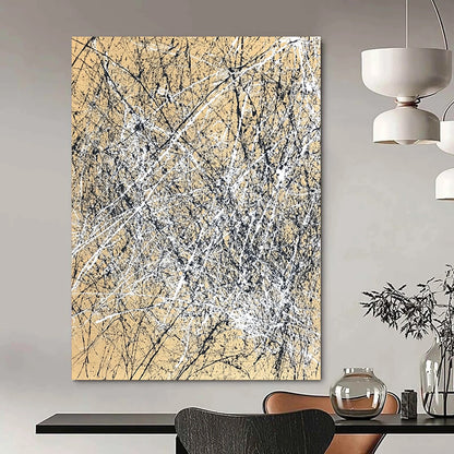 Contemporary hand-painted abstract artwork features dynamic brush strokes and expressive composition in white and black against a light brown background. DLZ1162