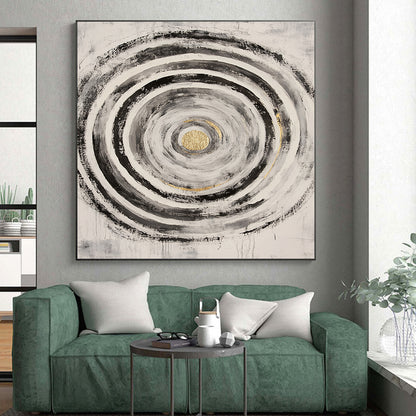 Black, White, Gray and Gold Concentric Circles "Energetic Vortex" Painting On Canvas HB381