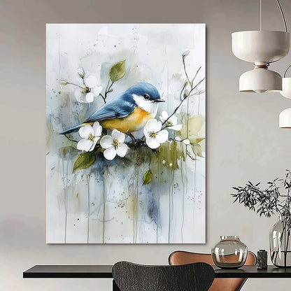 Contemporary abstract art featuring a blue and yellow bird on a branch among white flowers and green leaves with soft watercolor effects. DLZ1122