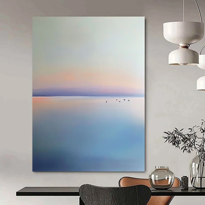 Contemporary hand-painted abstract artwork featuring a light blue and purple sky, birds, calm horizon, and serene beach in a minimalist style. DLZ0648