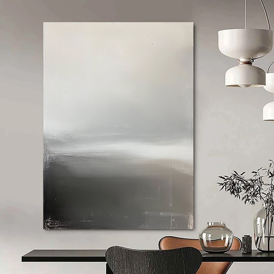 Contemporary hand-painted abstract art featuring a grey sky, foggy horizon, and a subtle grey and white palette that evokes tranquility and calmness. DLZ1347