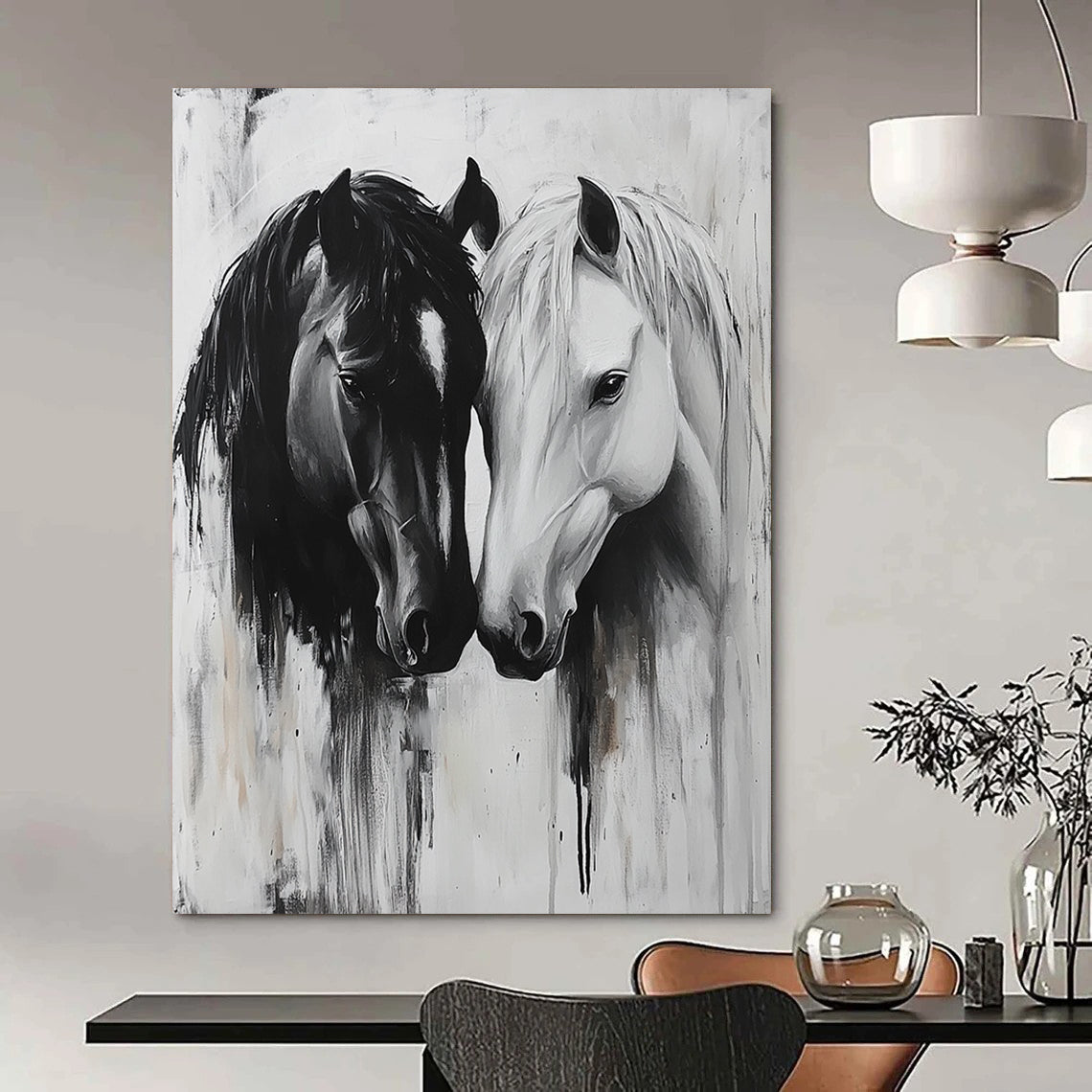Contemporary abstract art captures two horses in a tender gaze, their connection conveyed through soft brushstrokes and intricate textures, emphasizing emotional bonds. DLZ1146