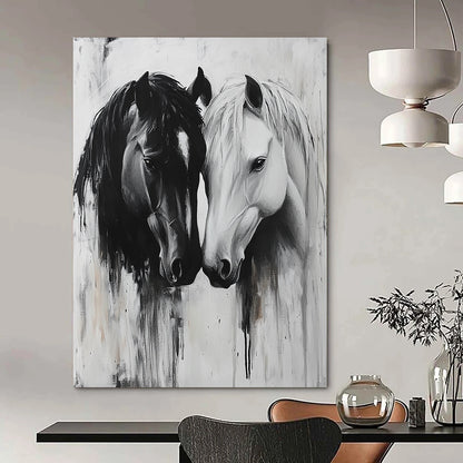 Contemporary abstract art captures two horses in a tender gaze, their connection conveyed through soft brushstrokes and intricate textures, emphasizing emotional bonds. DLZ1146