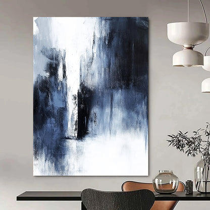 Contemporary abstract painting features dark gray and white tones, minimalist style, heavy textures, and emotional depth, showcasing a distant waterfall. DLZ0704