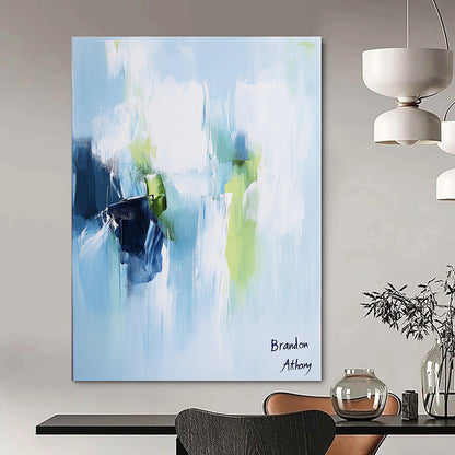 Contemporary hand-painted abstract artwork in light blue, white, and green tones creates a serene and peaceful atmosphere with elegant brush strokes. DLZ1045