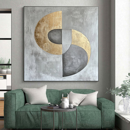 Gray, Silver and Gold Geometric Abstraction "Harmonious Circles" Painting On Canvas HB398