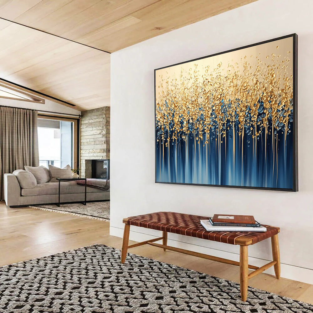 “Golden Forest Cascade” - Gold, Blue, White, Abstract Tree - like Forms with Drips Painting On Canvas HB1085