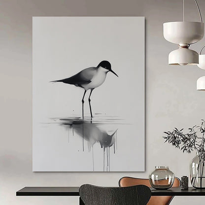 Contemporary hand-painted abstract art features a minimalist bird walking on water with reflections and ripples on a neutral background. DLZ1144