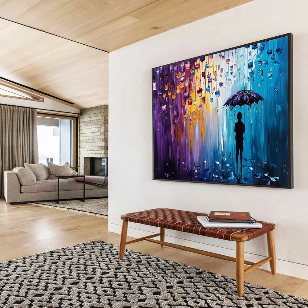 “Color - Dripping Umbrella Silhouette” - Purples, Blues, Oranges, Figure with Umbrella - Palette Knife Acrylic Painting HB1587