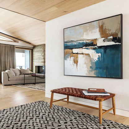 “Abstract Coastal Landscape” - Blue, Beige, White, Brown with Layered Forms - Painting On Canvas HB1384