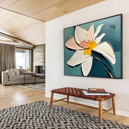 “Abstract Petal Layers” - Pink, White, Yellow, Teal, 3D - like Floral Collage Painting On Canvas HB1104