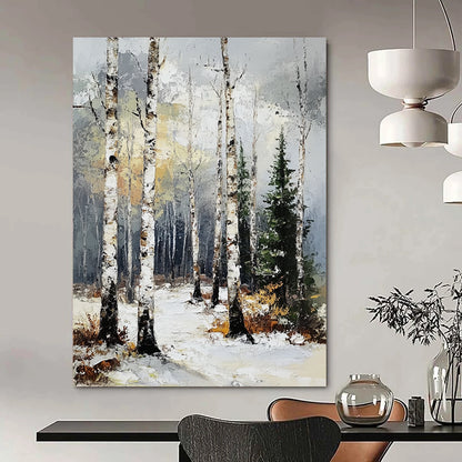 Contemporary abstract artwork featuring a birch forest in winter with textured brush strokes and a muted color palette of gray, white, and yellow. DLZ1673