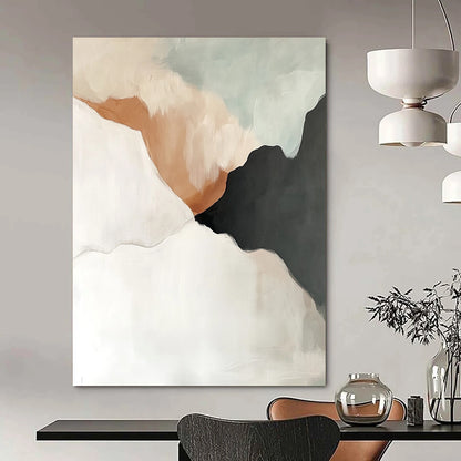 Contemporary hand-painted abstract artwork in white, grey, and beige tones with black accents, featuring fluid shapes and soft edges in light grey and amber hues. DLZ0781