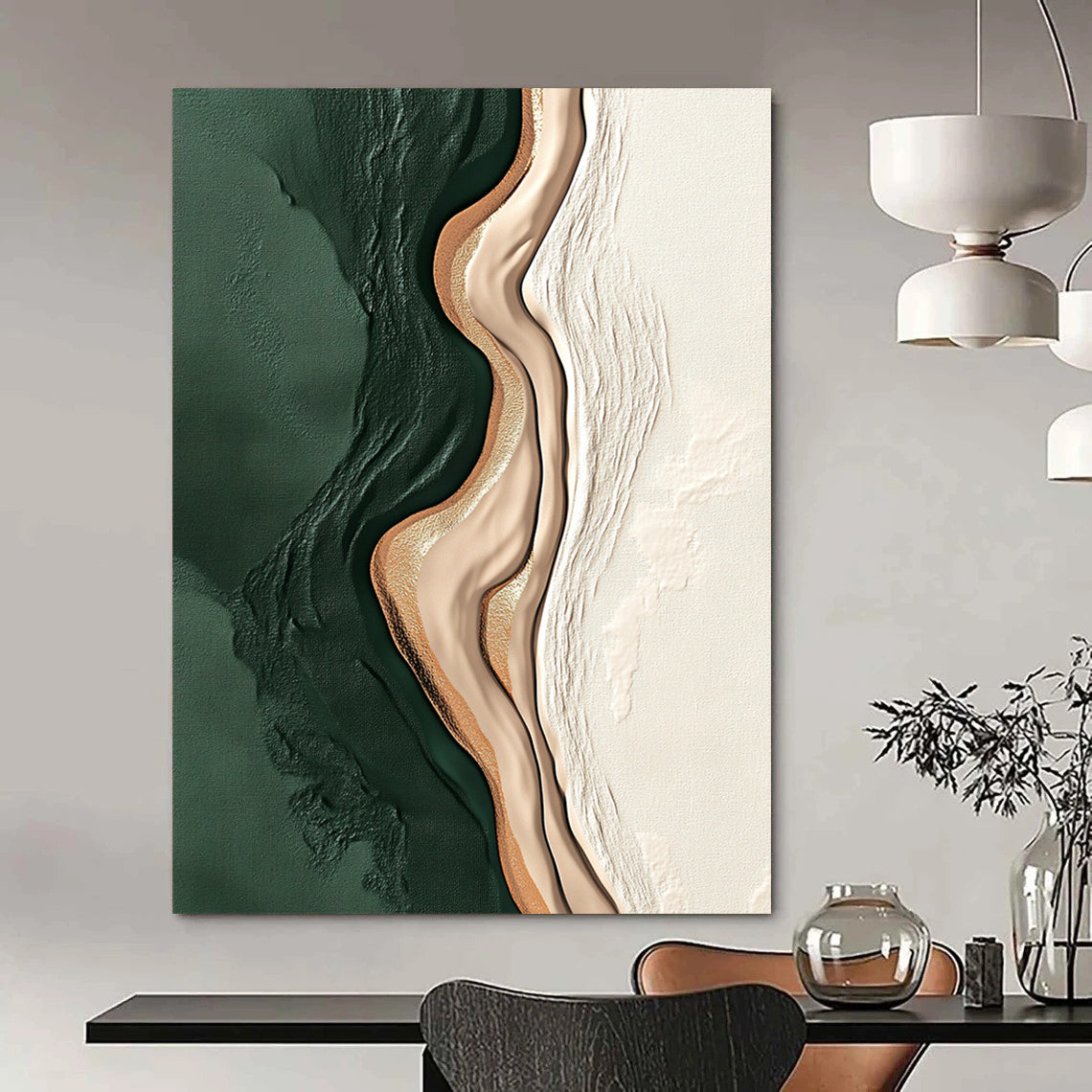 Contemporary hand-painted abstract artwork featuring dark green and beige shapes on white background with gold accents and minimalistic brushstroke design. DLZ0838