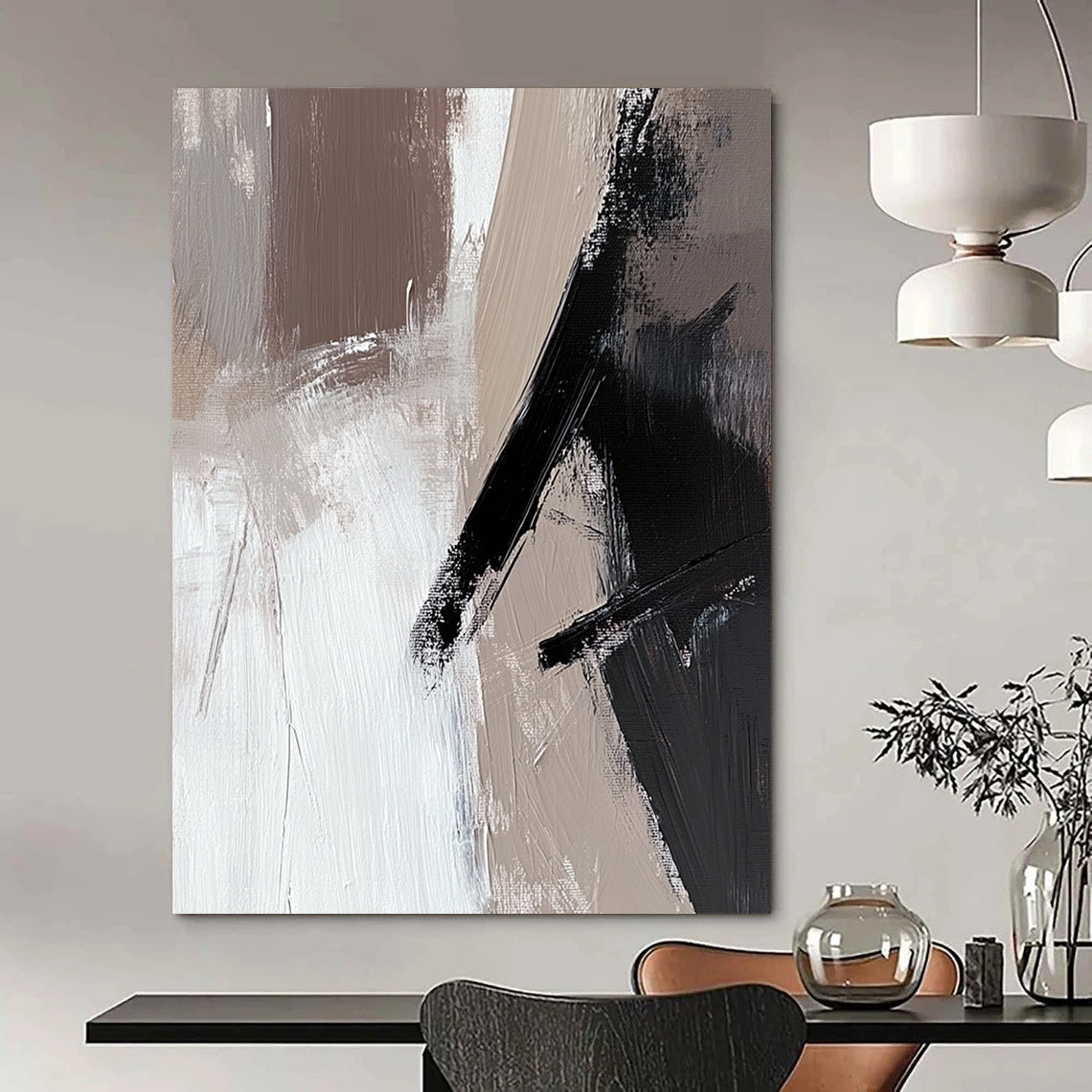 Large contemporary abstract painting featuring beige and white tones with black brush strokes on oil wood panel ideal for modern decor. DLZ0698