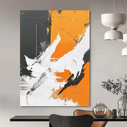 Contemporary hand-painted abstract art featuring thick brushstrokes, geometric elements, and a polar bear silhouette against a gray background with vibrant orange and white details. DLZ0653