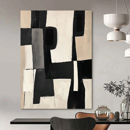 Large contemporary hand-painted abstract artwork featuring black and white shapes with bold brush strokes on a beige background in a modern cubist style. DLZ1409