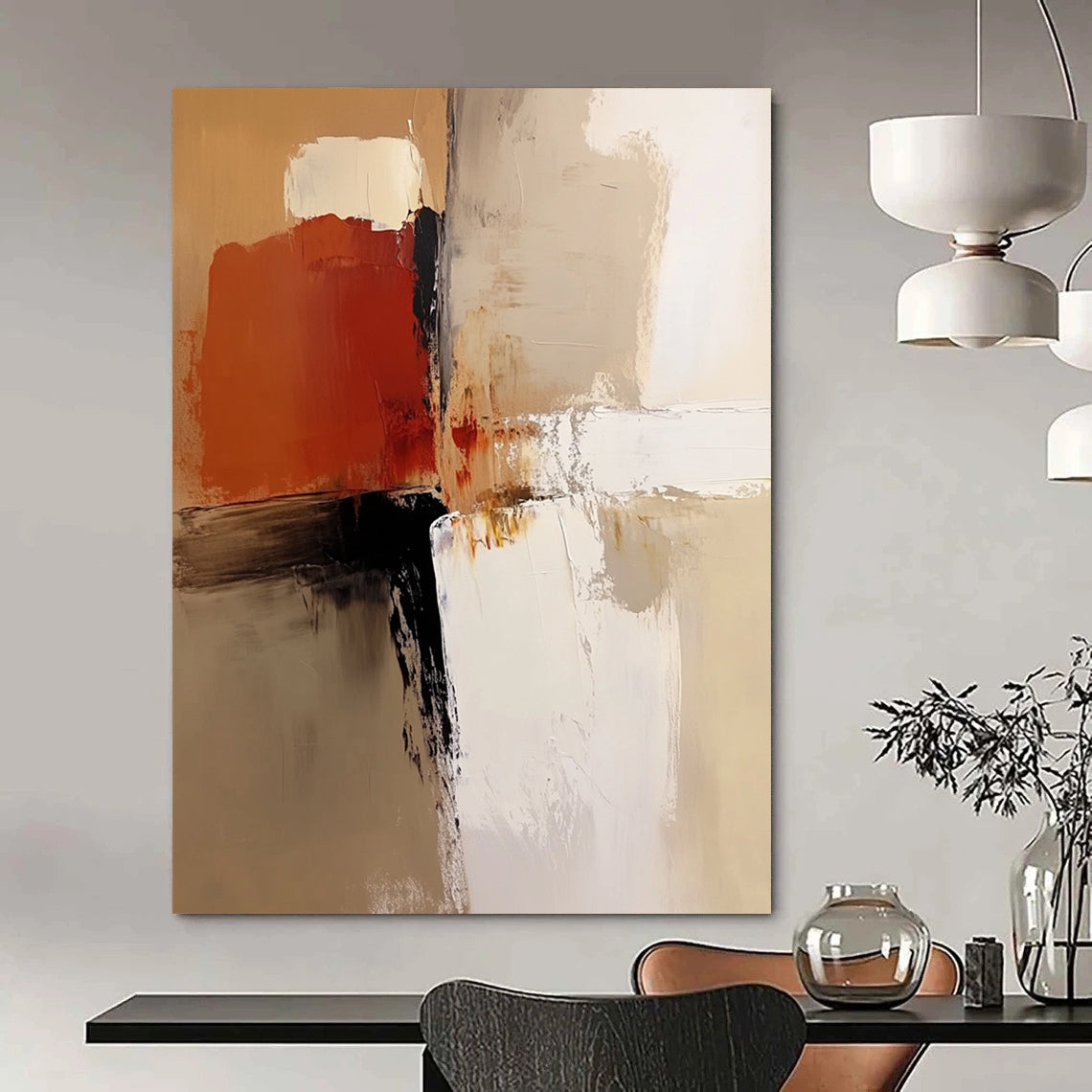 Contemporary abstract painting features a neutral color palette with beige, white, brown, and soft brush strokes for a warm artistic expression. DLZ0532
