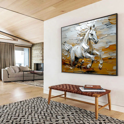 “Galloping White Horse” - Whites, Golds, Browns, Running Horse - Palette Knife Oil Painting HB1570