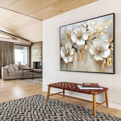 “White Flowers with Gold Edges on Beige” - White, Gold, Beige, White flowers with gold edges on beige - Impasto Oil Painting HB1787